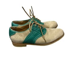 Frye Saddle Shoes Women‎ 7 Beige Teal Green Suede Leather Oxford Brogue